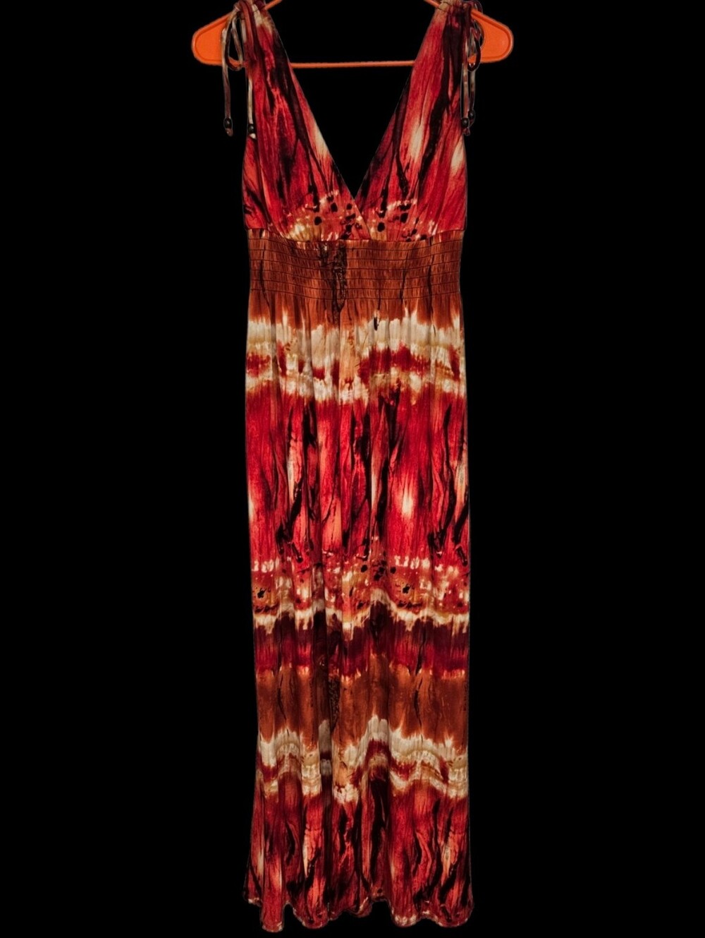 Bisou Bisou Boho Tie-Dye Smocked V-Neck Maxi Dress with Shoulder Ties - Size 6